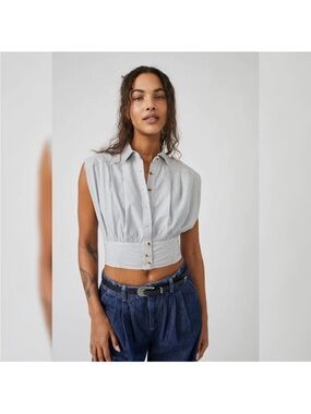 Free People Striped Button-Front Crop Top in Light Blue and White Sz XL NWT